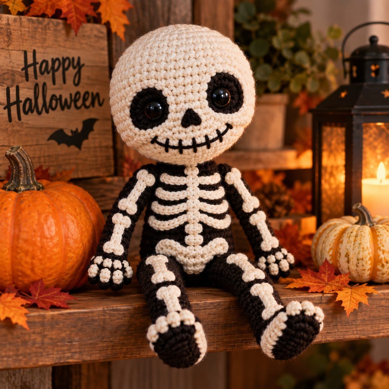 Crochet skeleton doll with a smiling round skull and embroidered ribs, seated among pumpkins