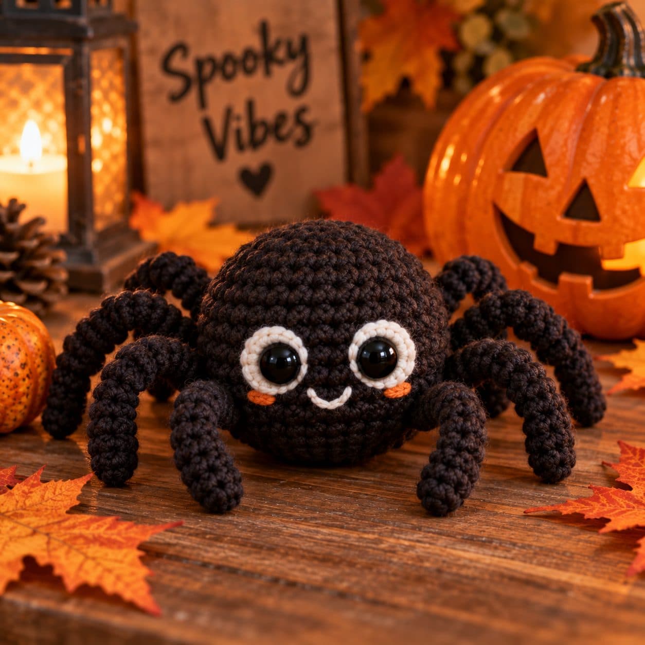 Round black crochet spider with a smiling face and eight legs beside a carved pumpkin