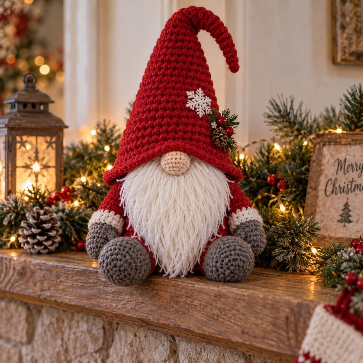Crochet Christmas gnome with a tall red hat and long white beard on a mantel with pine garland