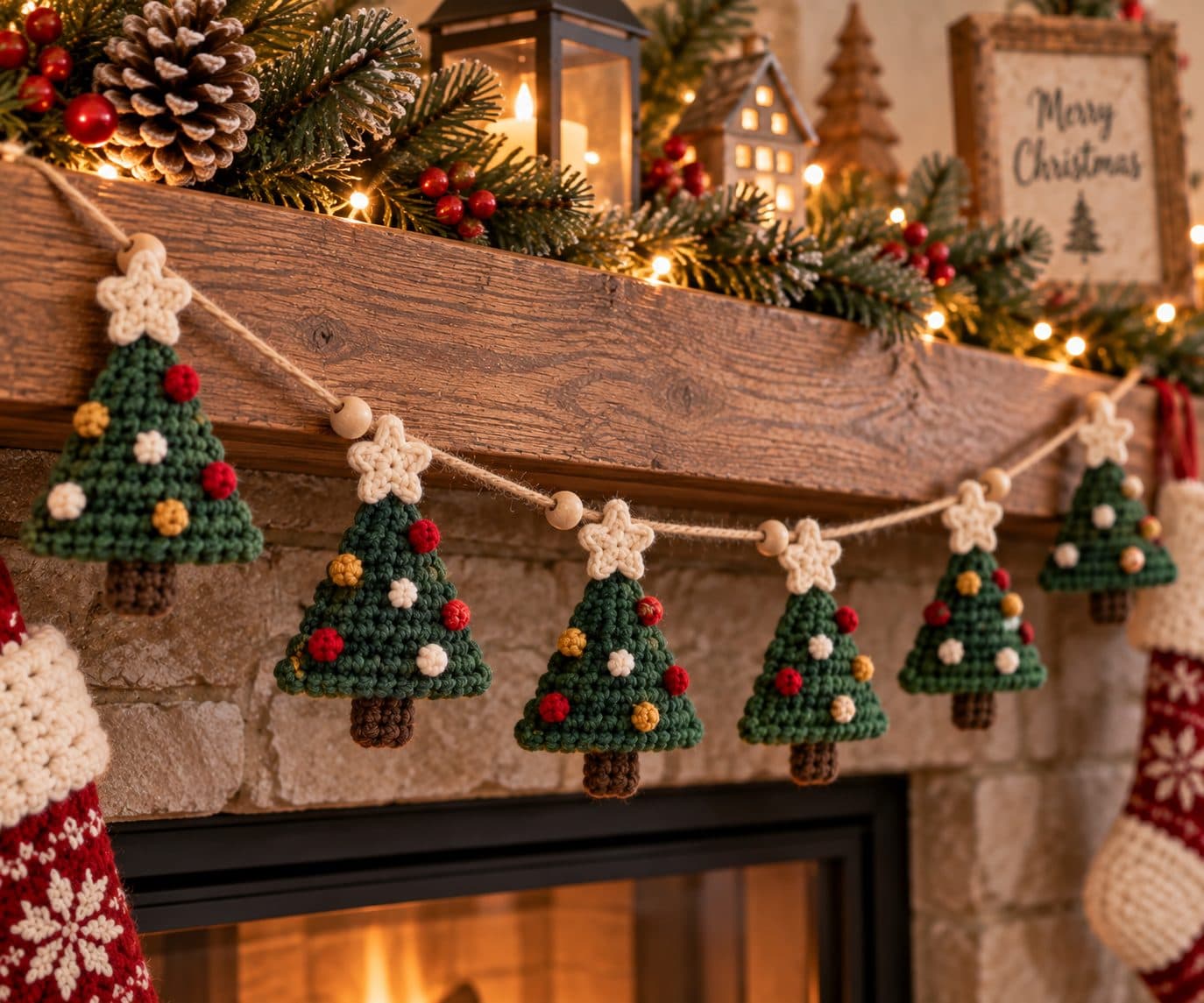 Garland of small green crochet Christmas trees strung along a wooden mantel
