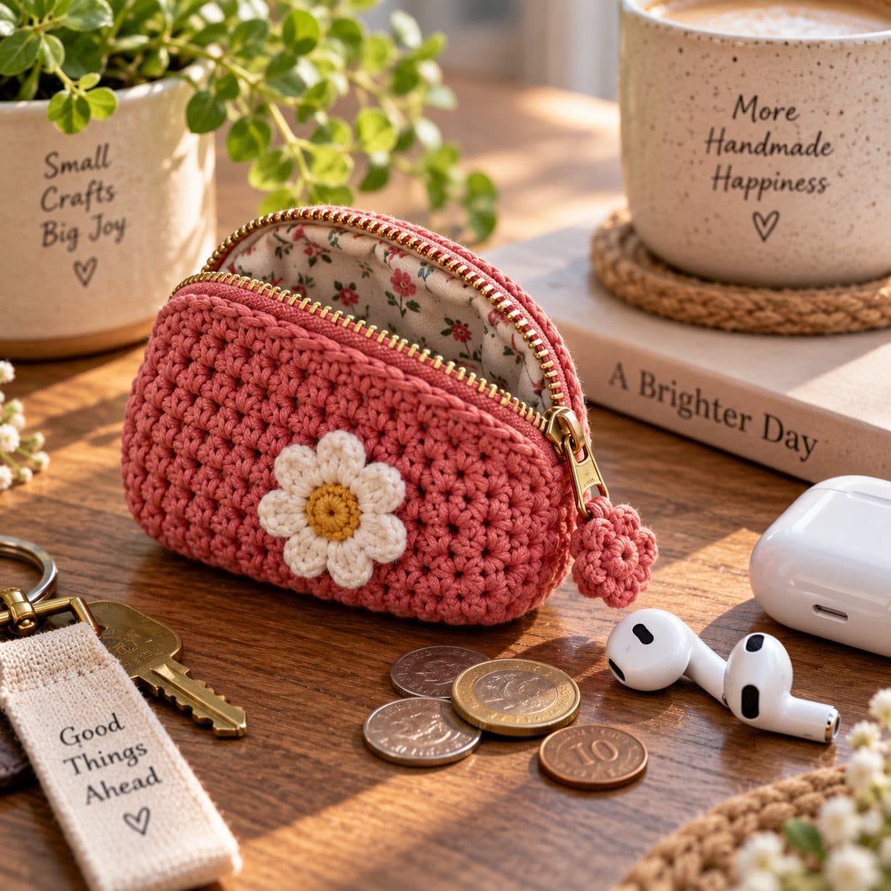 Small pink crochet zipper coin purse with a white daisy, next to coins and wireless earbuds