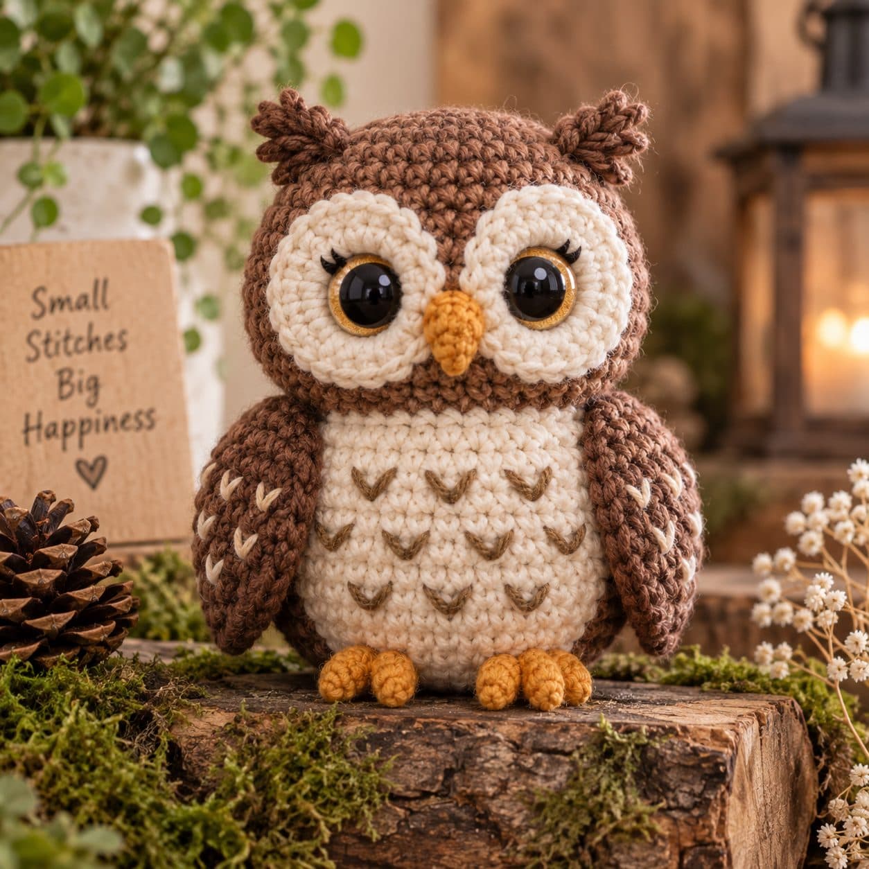 Brown and cream crochet owl with large round eyes perched on a piece of bark with moss