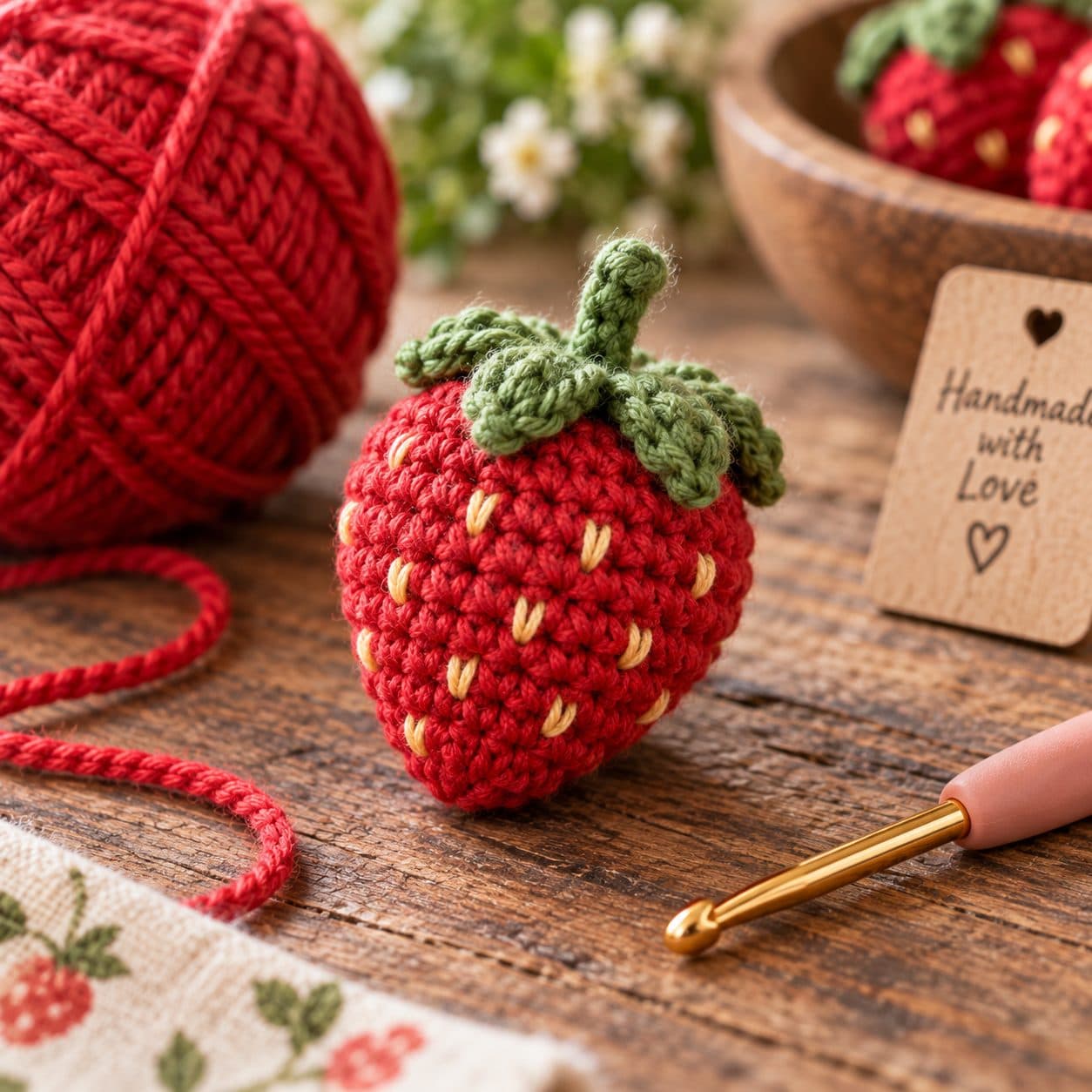 Red crochet strawberry with yellow seed stitches and a green leafy top beside red yarn and a crochet hook