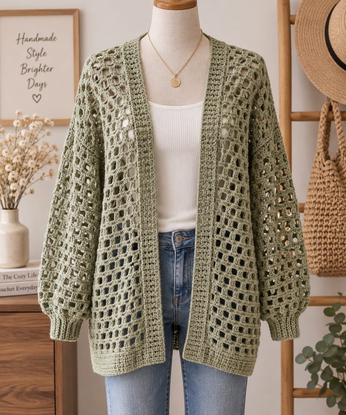 Sage-green open-mesh crochet cardigan worn on a mannequin over a white top and jeans