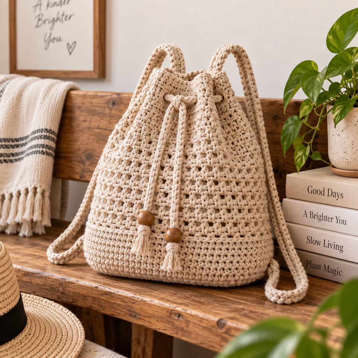 Cream crochet drawstring backpack with wooden beads and tassels on a wooden bench