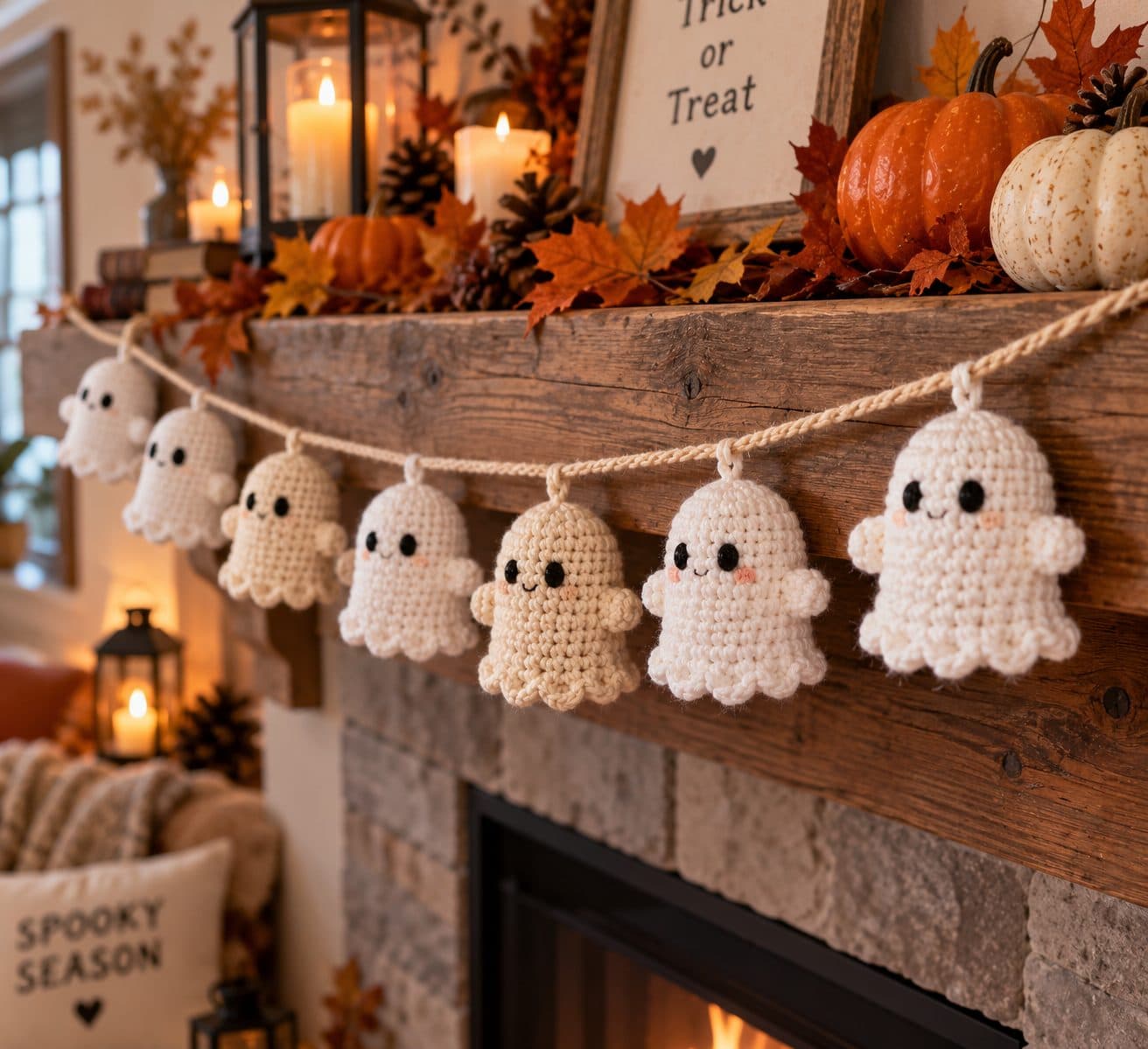 String of small white crochet ghosts with smiling faces draped along a mantel with pumpkins