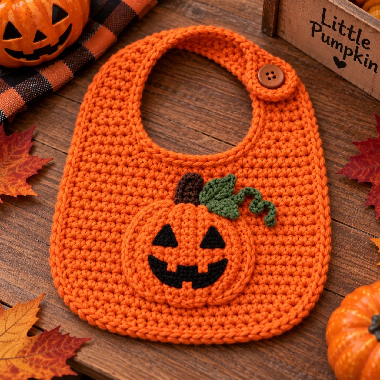 Orange crochet baby bib with a jack-o'-lantern pumpkin appliquΓ© and a button closure