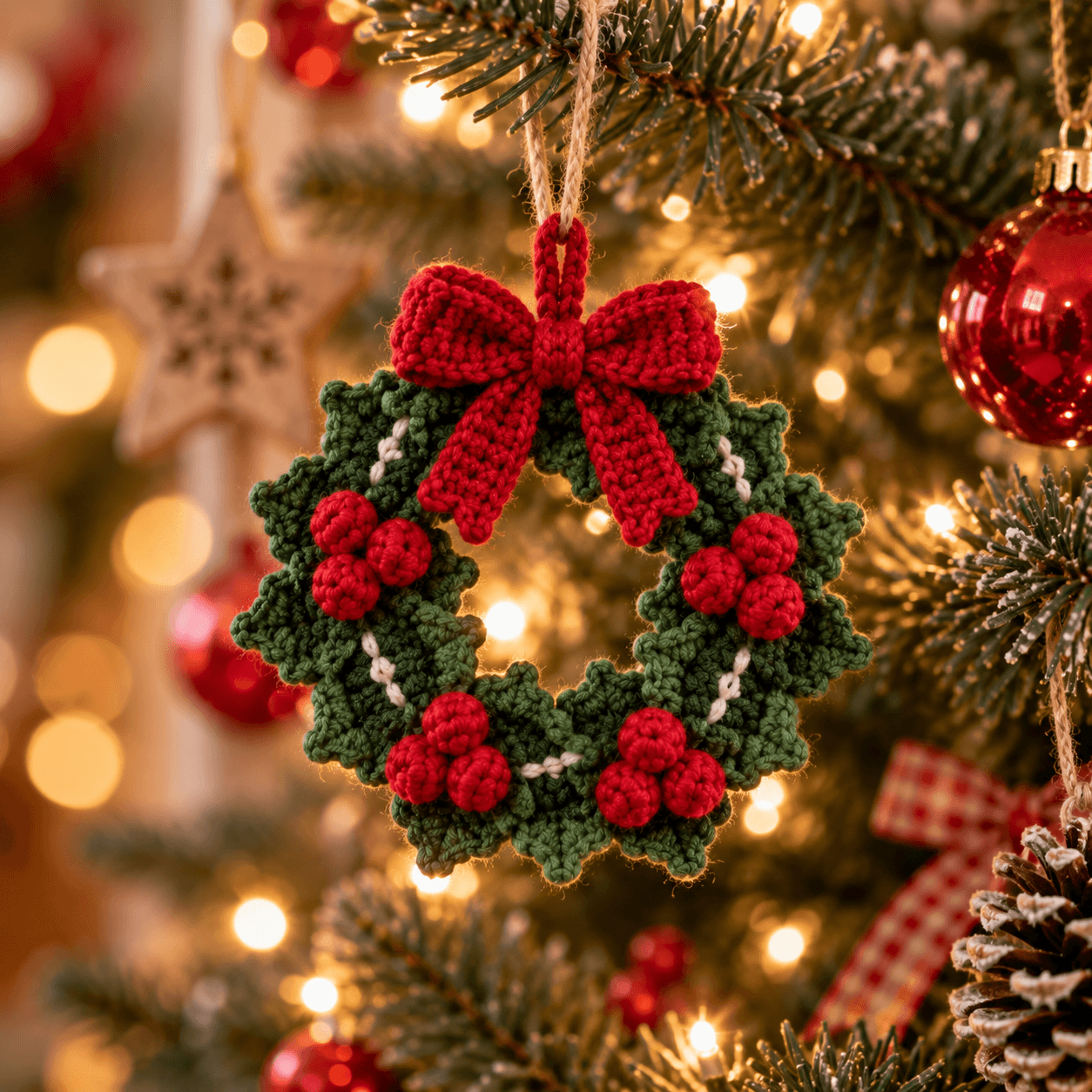 Crochet Holly Wreath Ornament Pattern (Easy Christmas Decor)