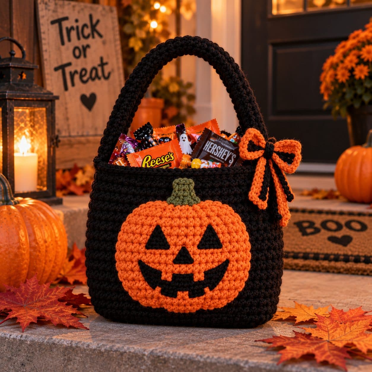 Black crochet trick-or-treat bag with an orange jack-o'-lantern motif and a bow, filled with candy